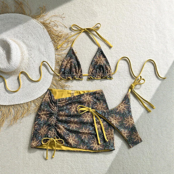 Women's triangle bikini set with ruffle-free details and wrap skirt StylebySassy