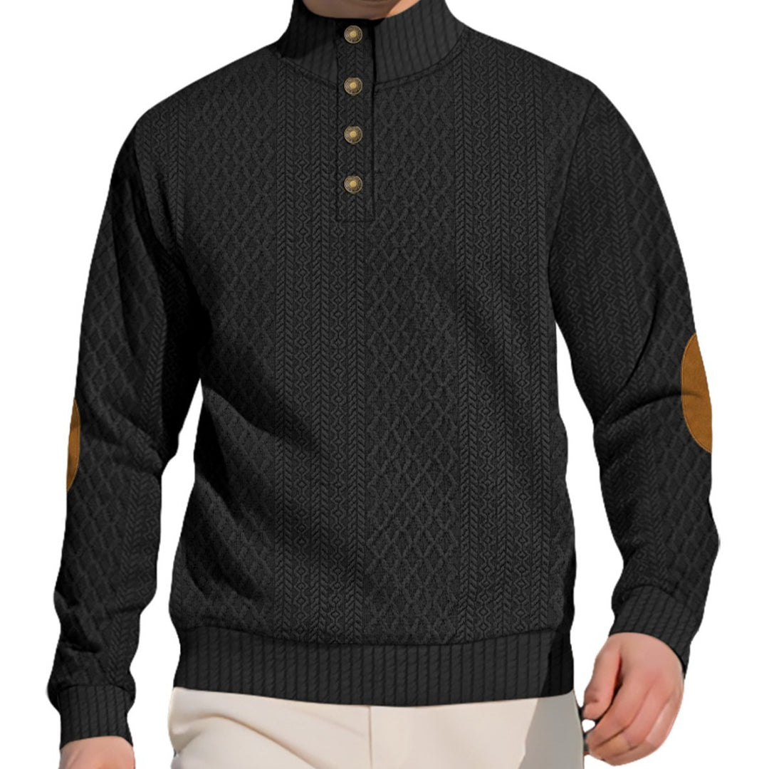 Men's noble button sweater in cable pattern with high stand-up collar and suede elbow patches StylebySassy