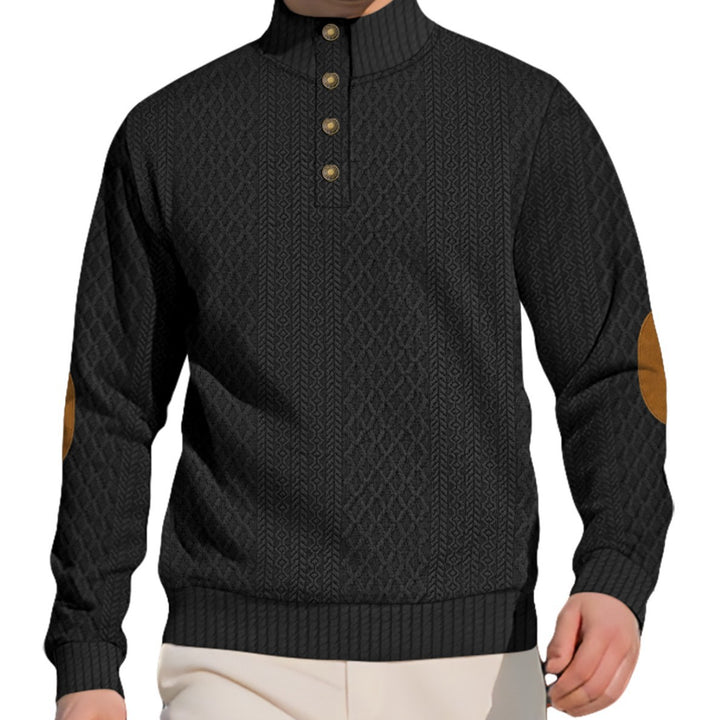 Men's noble button sweater in cable pattern with high stand-up collar and suede elbow patches StylebySassy