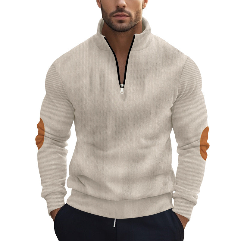 Men's structured cotton knit pullover with half zipper and elbow patches StylebySassy