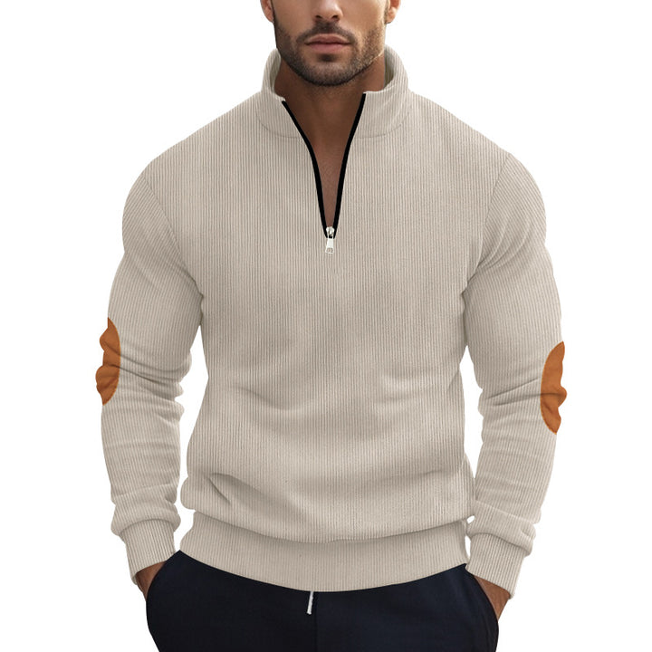 Men's structured cotton knit pullover with half zipper and elbow patches StylebySassy