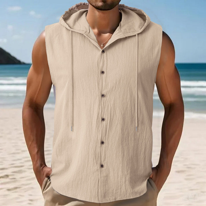 Men's sleeveless hooded shirt made of crepe-structured cotton blend with continuous button placket and drawstring StylebySassy