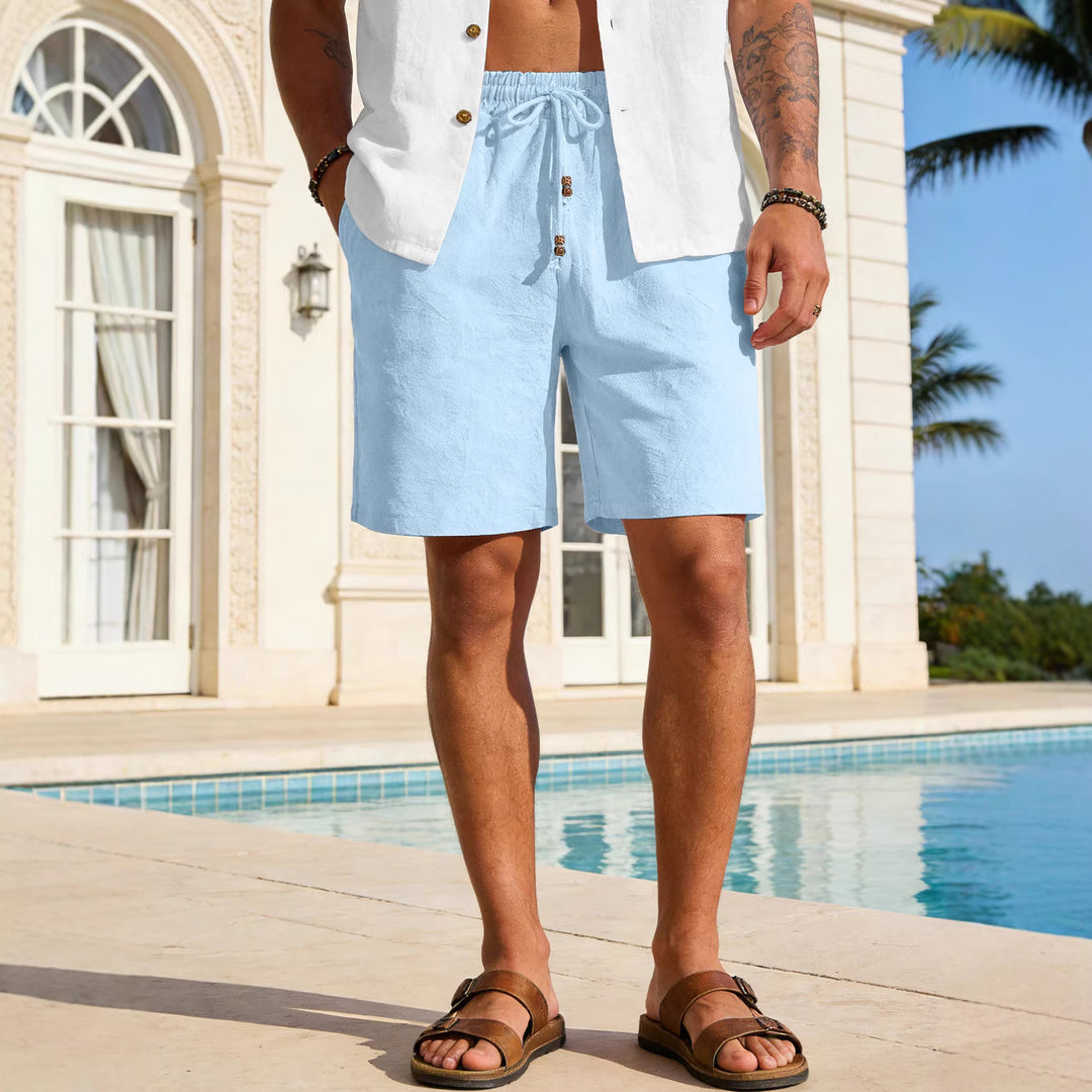 Men's lightweight beach Bermuda shorts made of linen blend with elastic waistband, drawstring and decorative button placket StylebySassy