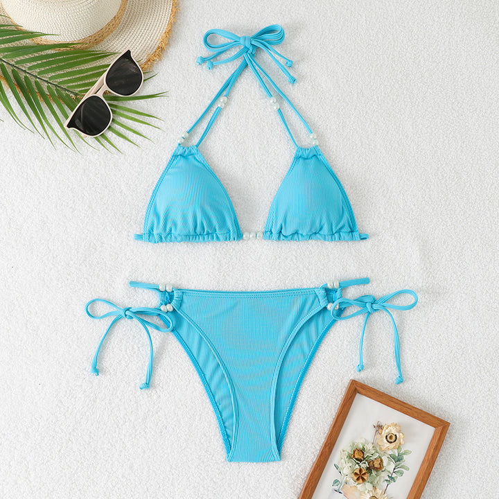 Women's Triangle Bikini with Refined Pearl Accents StylebySassy