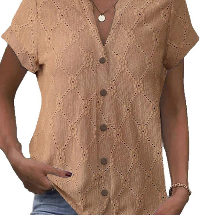 Women's short-sleeved embroidery blouse with V-neck and continuous button placket StylebySassy