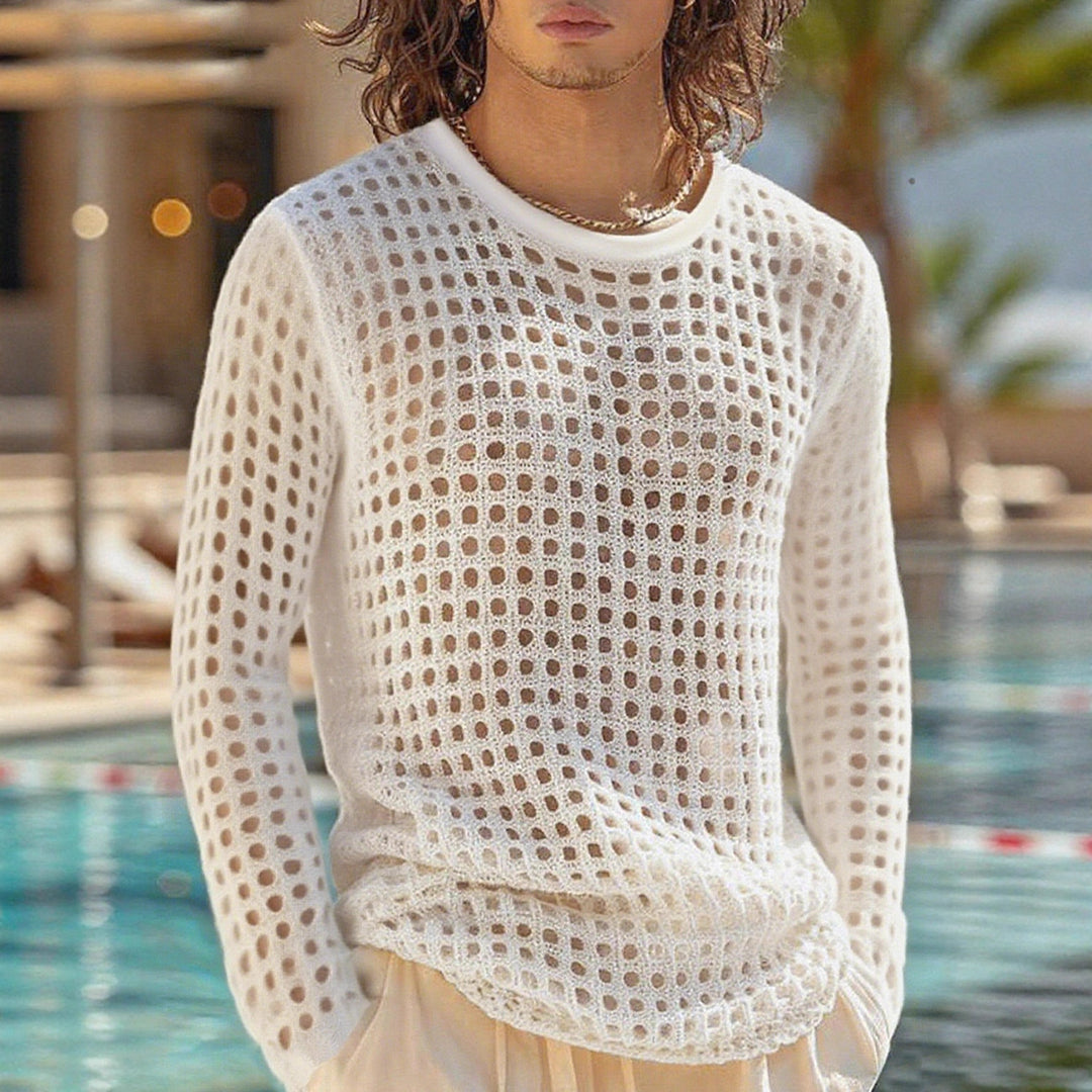 Men's airy openwork knit sweater with square mesh pattern and crew neck StylebySassy