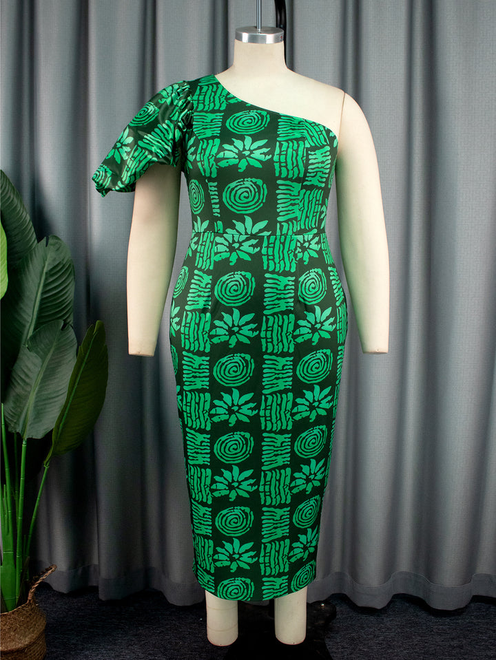 Women asymmetrical maxi dress with unique pattern and voluminous puff sleeve StylebySassy
