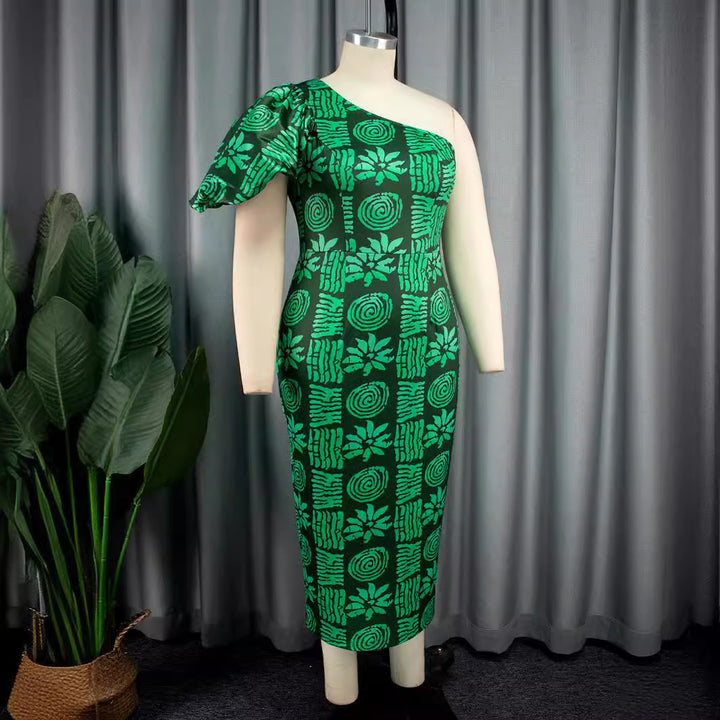 Women asymmetrical maxi dress with unique pattern and voluminous puff sleeve StylebySassy