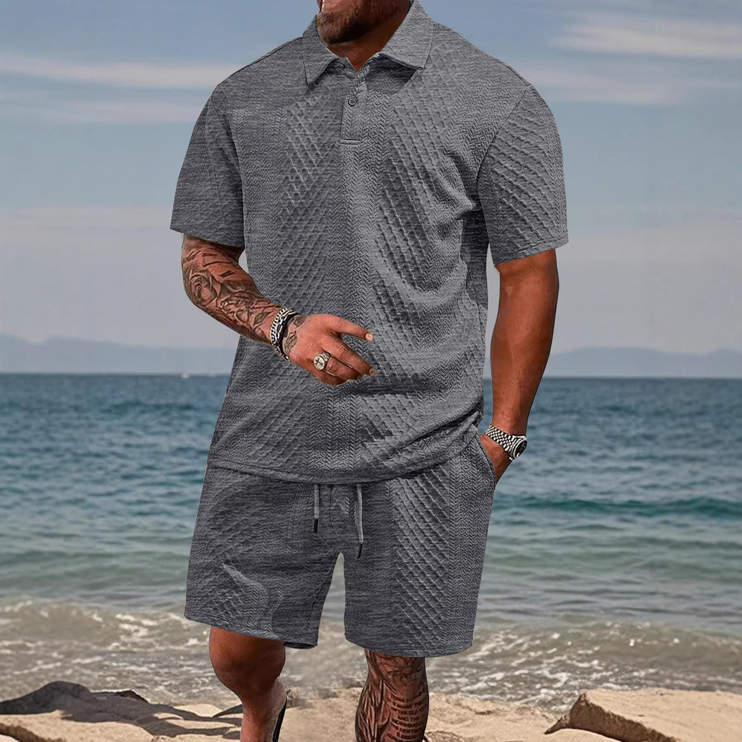 Men's embossed beach ensemble with open short sleeve shirt and cord Bermuda StylebySassy