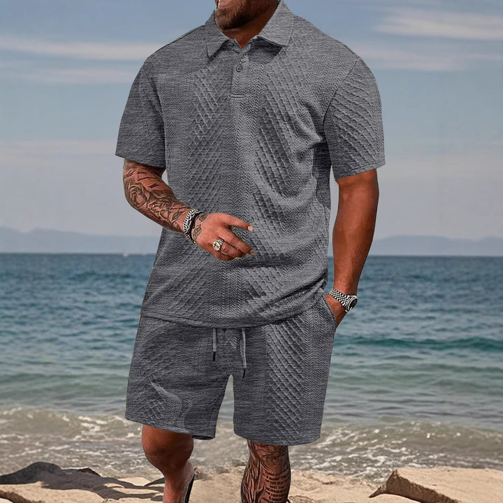 Men's embossed beach ensemble with open short sleeve shirt and cord Bermuda StylebySassy