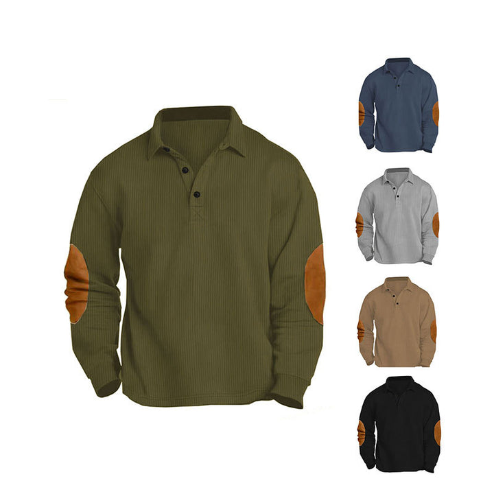 Men's nan legeres long sleeve polo shirt with shirt collar, short button placket, fine texture and velour elbow patches StylebySassy