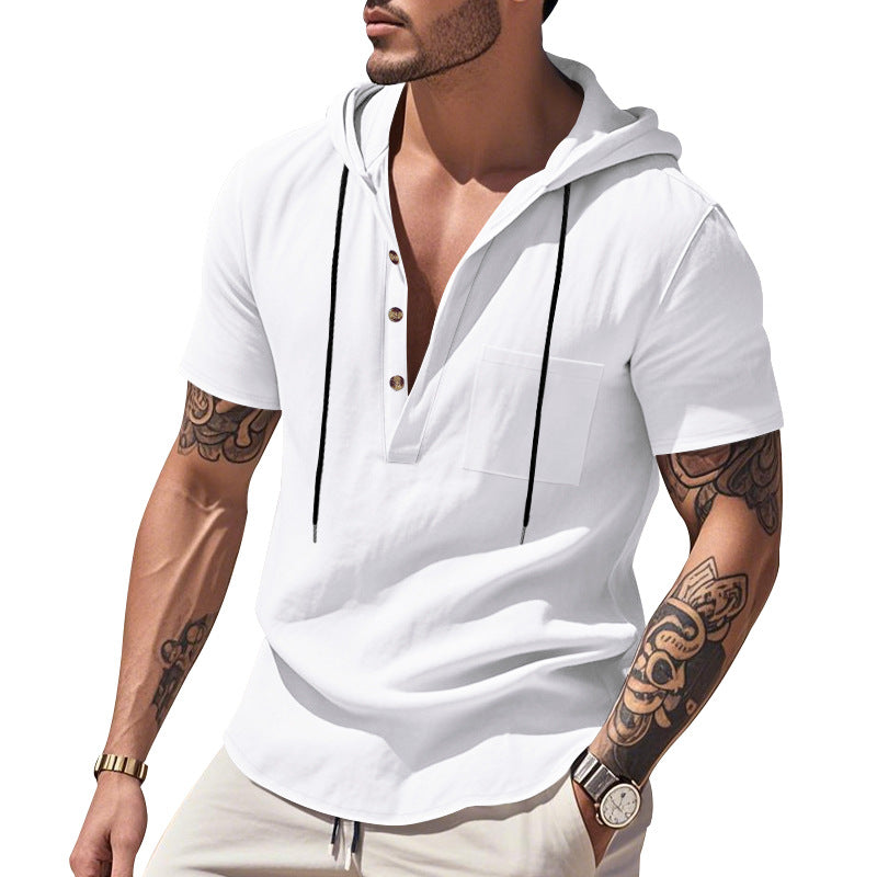 Men's lightweight short-sleeve hooded Henley made of single jersey with chest pocket and contrast drawstring StylebySassy