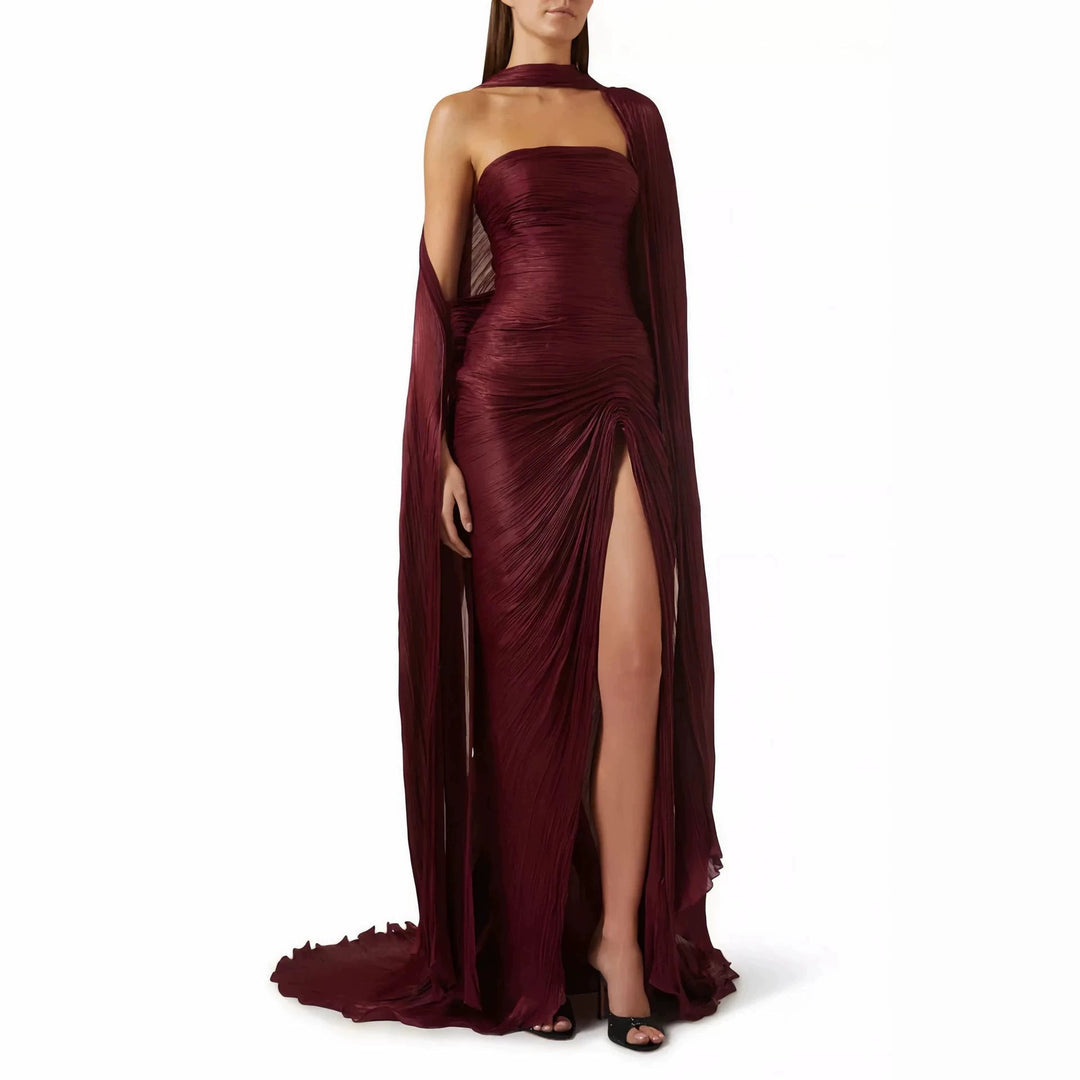 Women Elegant Maxi Dress with Asymmetrical Cut and Pleats StylebySassy