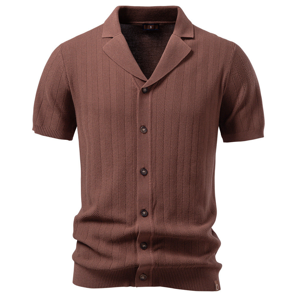 Men's short sleeve knitted cardigan with lapel collar and fine textured knit StylebySassy