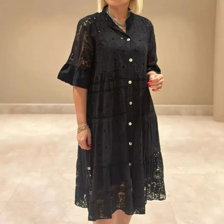 Women's romantic midi dress with broderie anglaise, buttoned top, stand-up collar, half-length flounce sleeves, and tiered hem StylebySassy