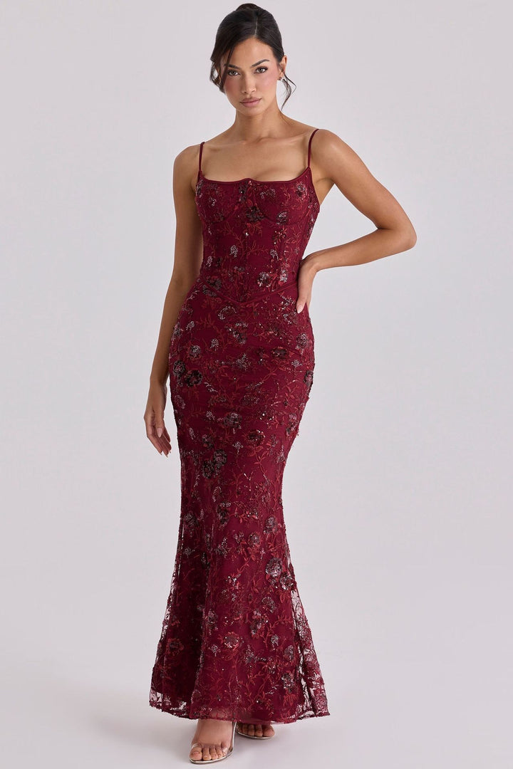 Ladies embroidered corset evening dress with transparent lace and figure-hugging silhouette StylebySassy
