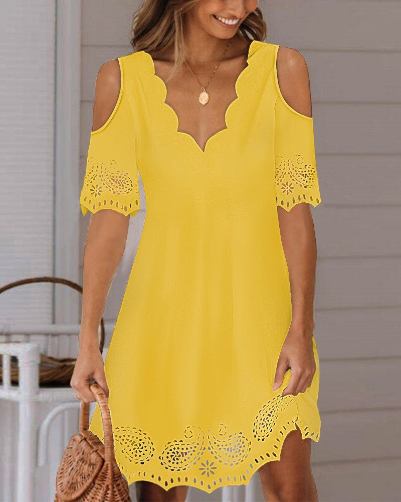 Ladies light A-line summer dress with shoulder openings, curved V-neckline and laser-cut lace trim StylebySassy
