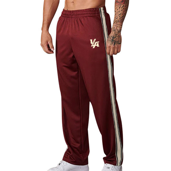 Men's straight-cut training pants with elastic comfort waistband, side double stripe, and thigh logo print StylebySassy