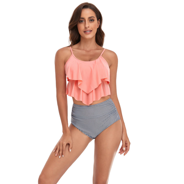 Women's tankini set with flowing ruffle design and figure-hugging bikini bottom StylebySassy
