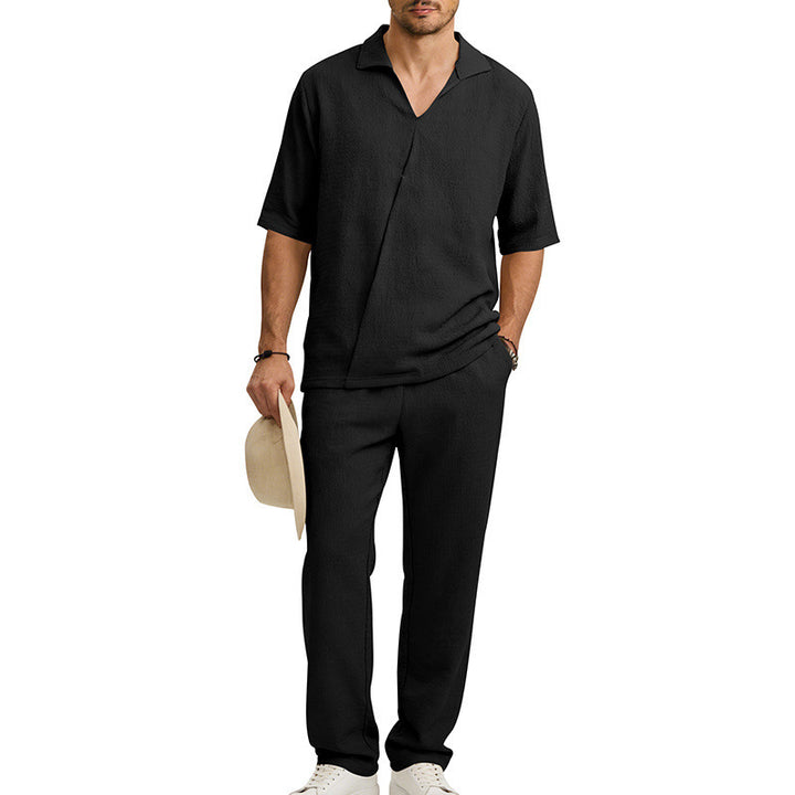 Men's crepe structure leisure set with open lapel collar and straight comfort trousers with side pockets StylebySassy