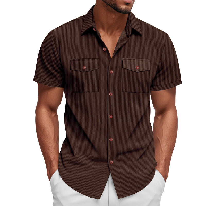 Men's casual short-sleeve shirt with lapel collar, patch flap pockets and fine pinstripe texture StylebySassy