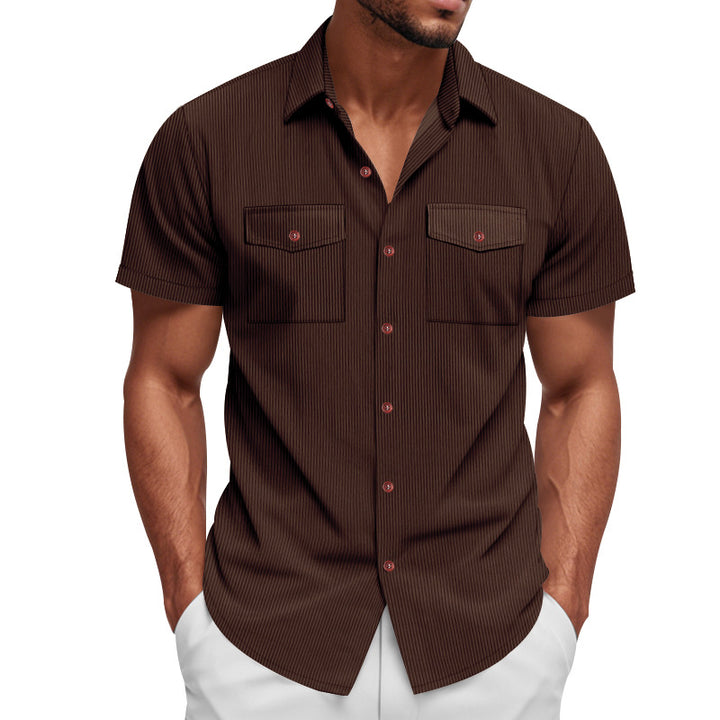 Men's casual short-sleeve shirt with lapel collar, patch flap pockets and fine pinstripe texture StylebySassy