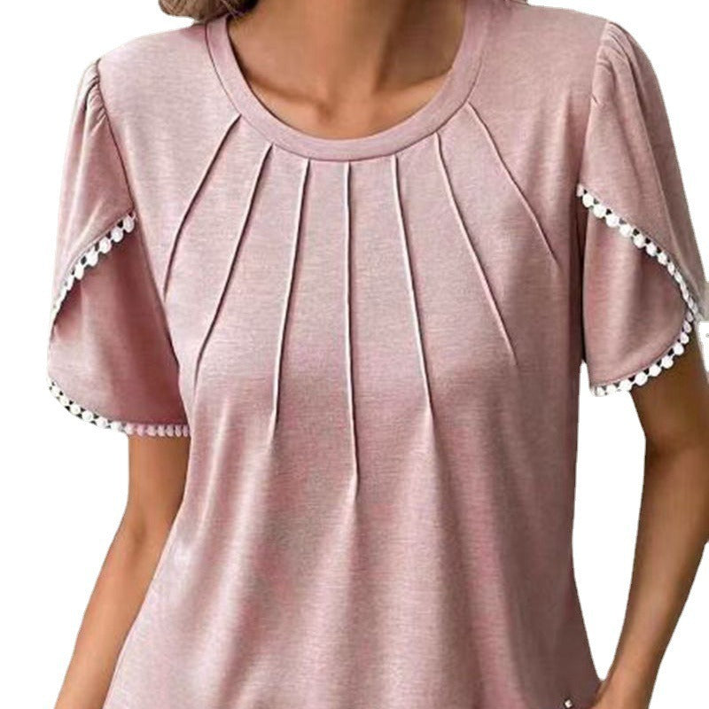 Women's round neck shirt with decorative pleated front, flutter sleeves and pompom trim StylebySassy