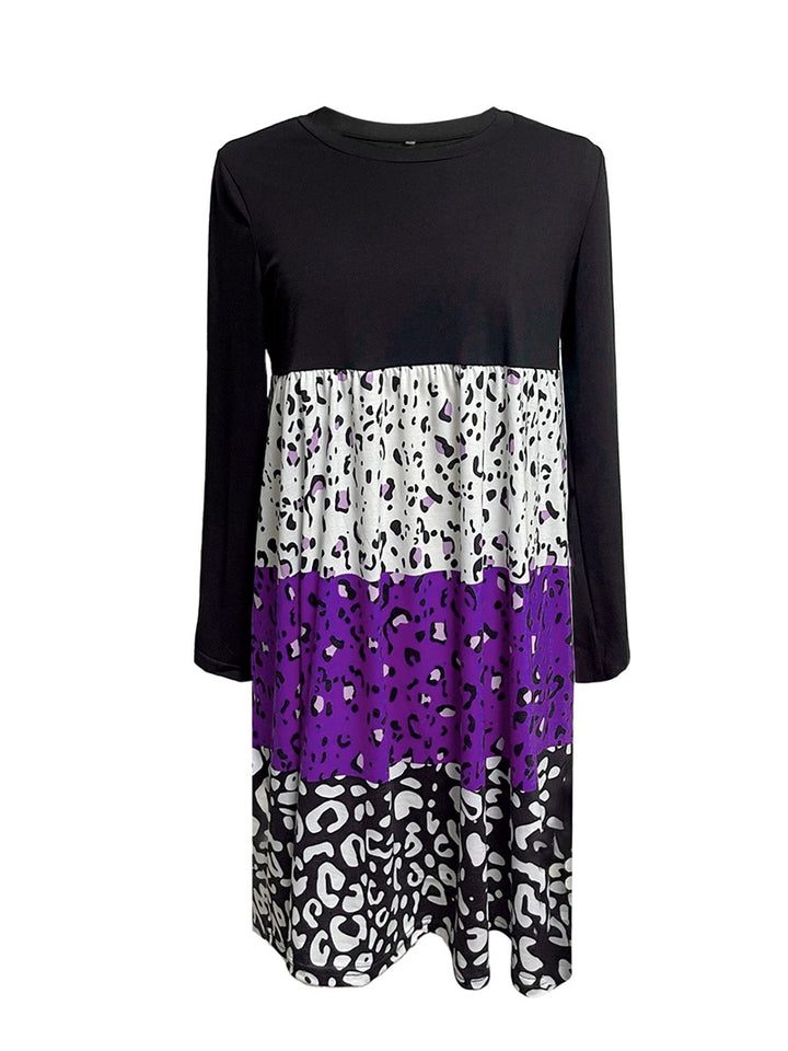 Ladies long-sleeve tiered dress with gathered empire waist and mixed animal print StylebySassy