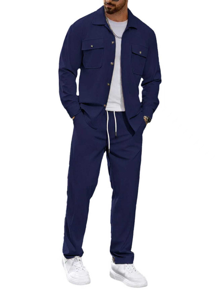Men's casual two-piece shirt jacket with applied chest pockets and drawstring pants StylebySassy