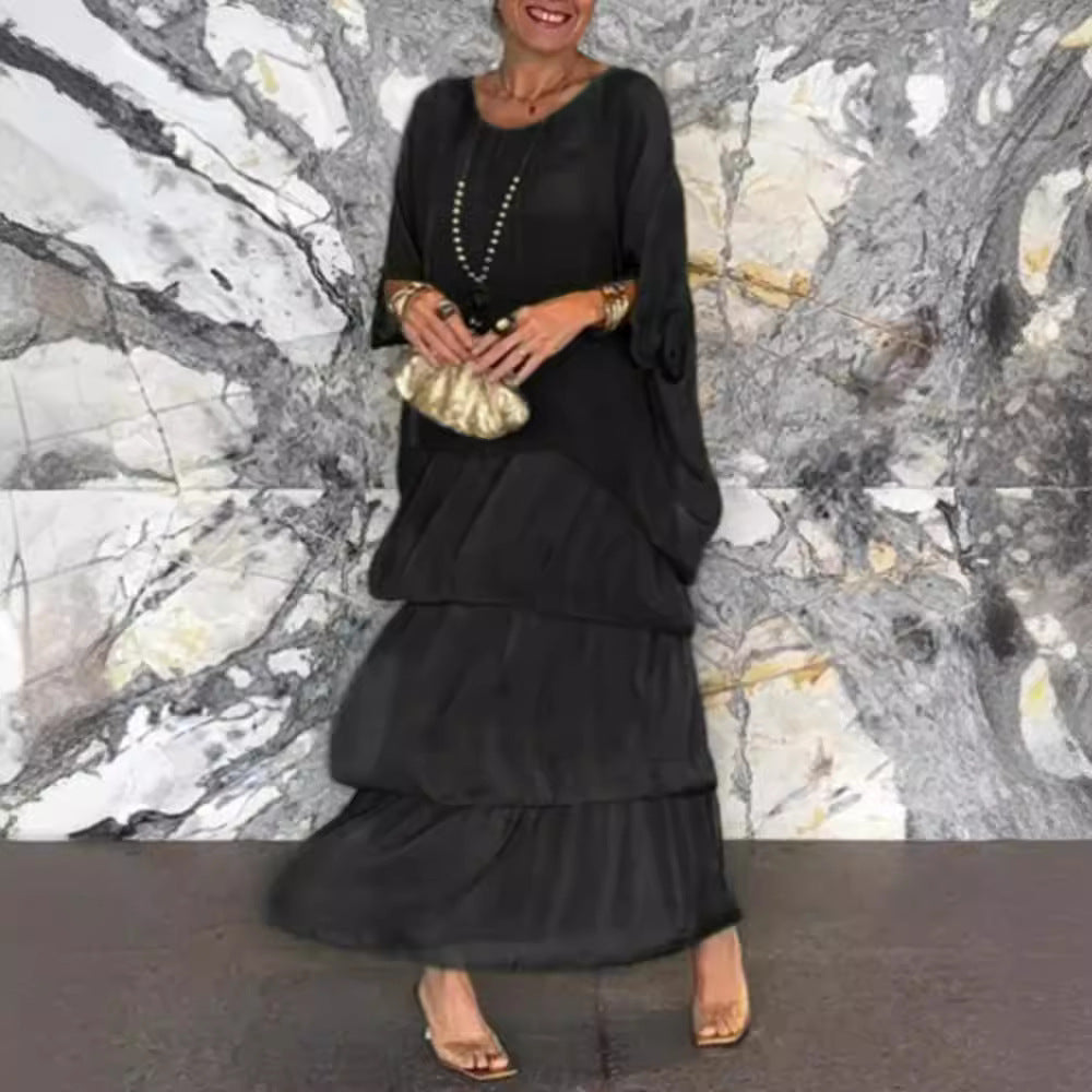 Women's layered tiered maxi dress with wide batwing top and tiered ruffle skirt StylebySassy