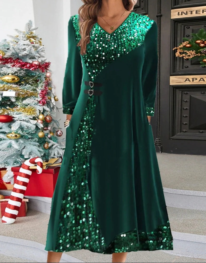 Women's festive sequin panel maxi dress with V-neck long sleeves and decorative waist belts StylebySassy