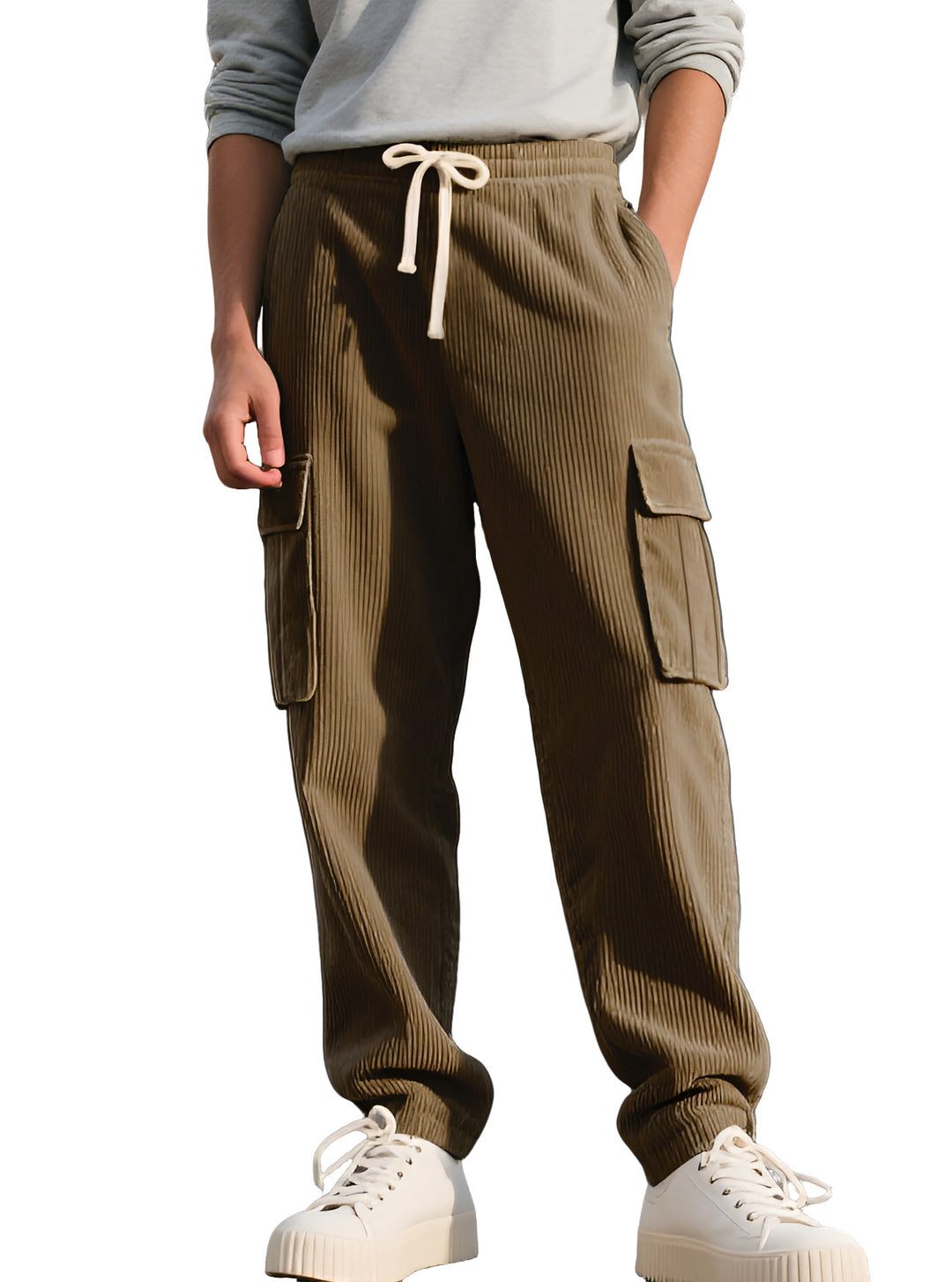 Men's casual utility cargo joggers with vertical ribbed structure, drawstring waistband, and large flap pockets StylebySassy