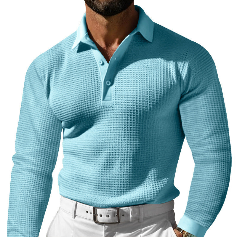Men's long sleeve polo shirt made of waffle knit with a slim fit, concealed button placket, and shirt collar StylebySassy