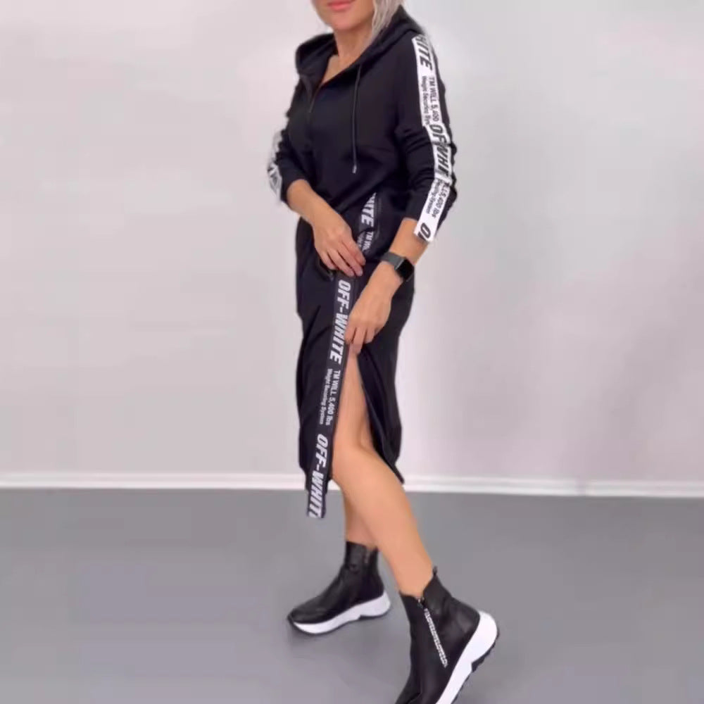 Women's ankle-length hooded sweatshirt dress with half zip, kangaroo pockets and side decorative piping StylebySassy