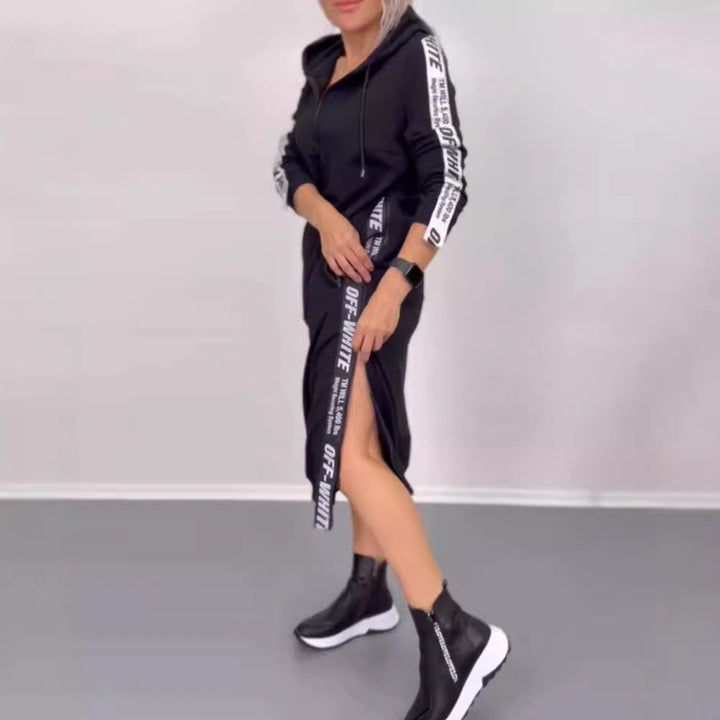 Women's ankle-length hooded sweatshirt dress with half zip, kangaroo pockets and side decorative piping StylebySassy