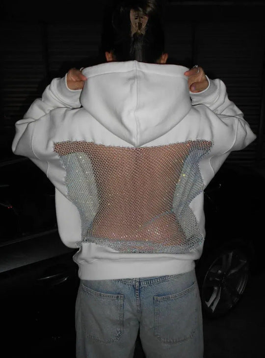 Women's hooded sweatshirt with transparent embroidered back section StylebySassy