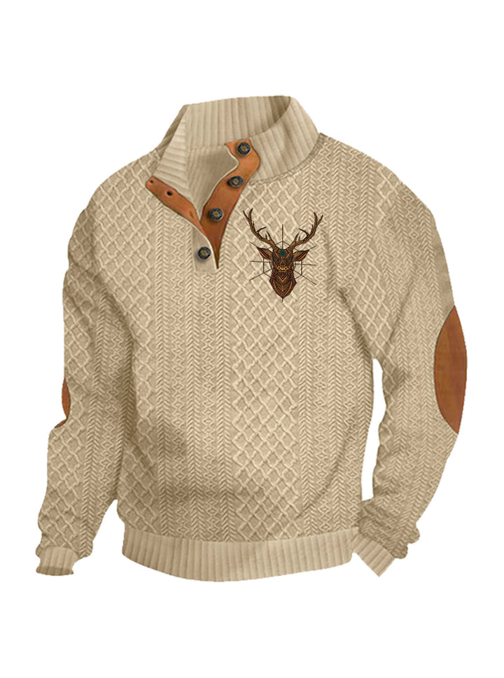 Men's nan Heritage textured pullover with stand-up collar faux leather trim elbow patches and half-button placket StylebySassy