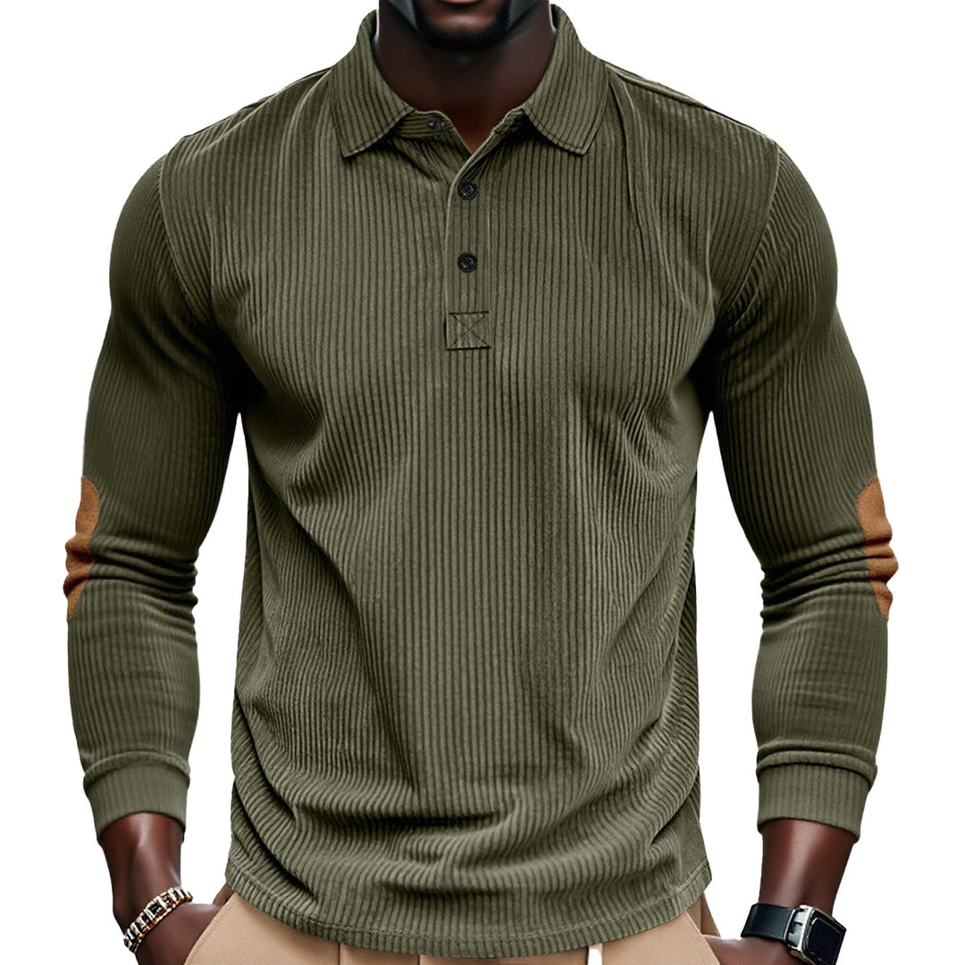Men's ribbed long sleeve polo shirt with Henley placket and velour-like elbow patches StylebySassy