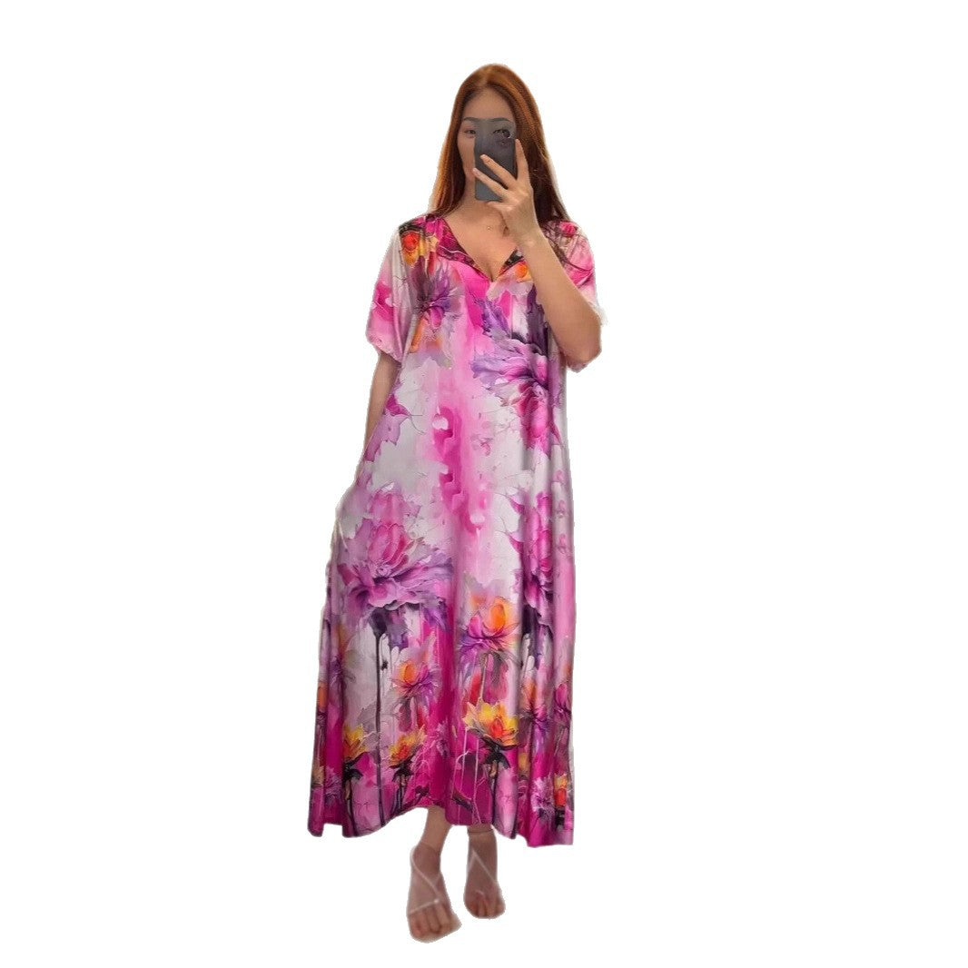 Women flowing maxi kaftan dress with V-neck and large watercolor floral print StylebySassy