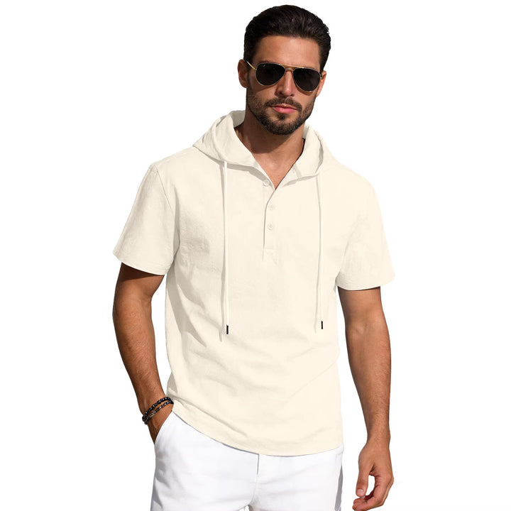 Men's short-sleeved hooded Henley made of slub cotton with concealed button placket and drawstring StylebySassy