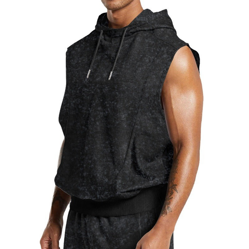 Men's sleeveless hoodie in stone-wash look with deep armholes and ribbed hem StylebySassy