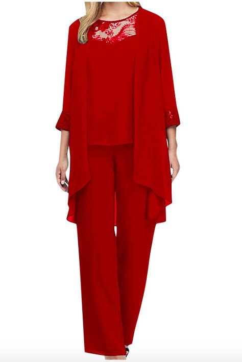 Women's flowing chiffon evening ensemble with lace trim, kimono cardigan and wide palazzo pants StylebySassy