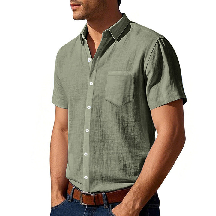 Men's short-sleeved cotton-linen casual shirt with Kent collar, chest pocket, and continuous button placket StylebySassy