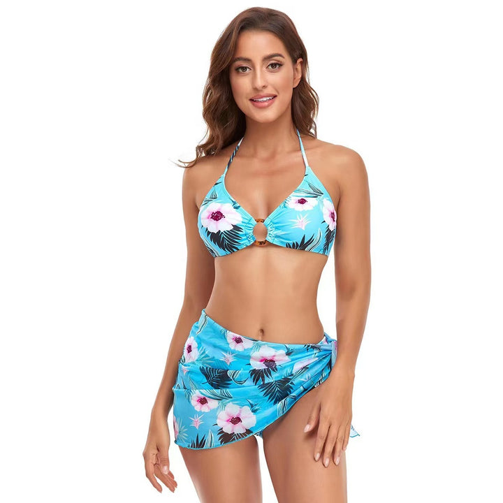 Women's Triangle Bikini Set with trendy wrap skirt and floral design StylebySassy