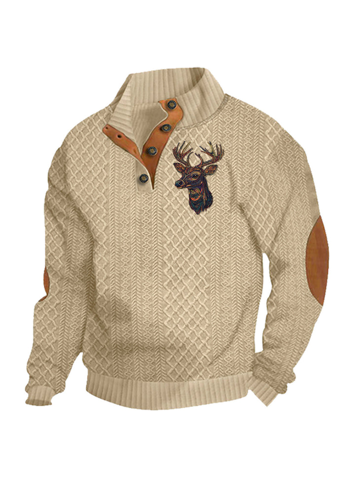 Men's nan Heritage textured pullover with stand-up collar faux leather trim elbow patches and half-button placket StylebySassy