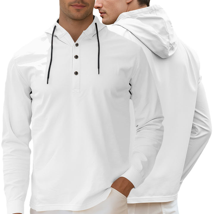 Men's Hooded Henley Long Sleeve Shirt made of lightweight stretch jersey with drawstring StylebySassy