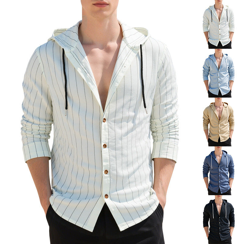 Men's modern hooded shirt with slim fit, continuous button placket, and fine pinstripe structure StylebySassy