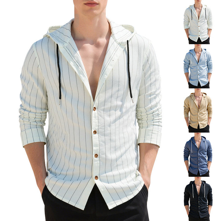 Men's modern hooded shirt with slim fit, continuous button placket, and fine pinstripe structure StylebySassy