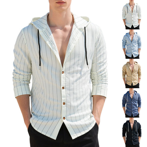 Men's modern hooded shirt with slim fit, continuous button placket, and fine pinstripe structure StylebySassy