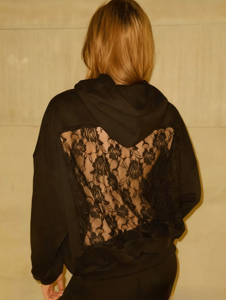 Ladies' oversized hooded sweater with floral lace insert on the back StylebySassy